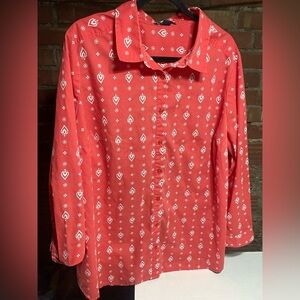 Roamans 22W  Red Button-Up Shirt with White Pattern